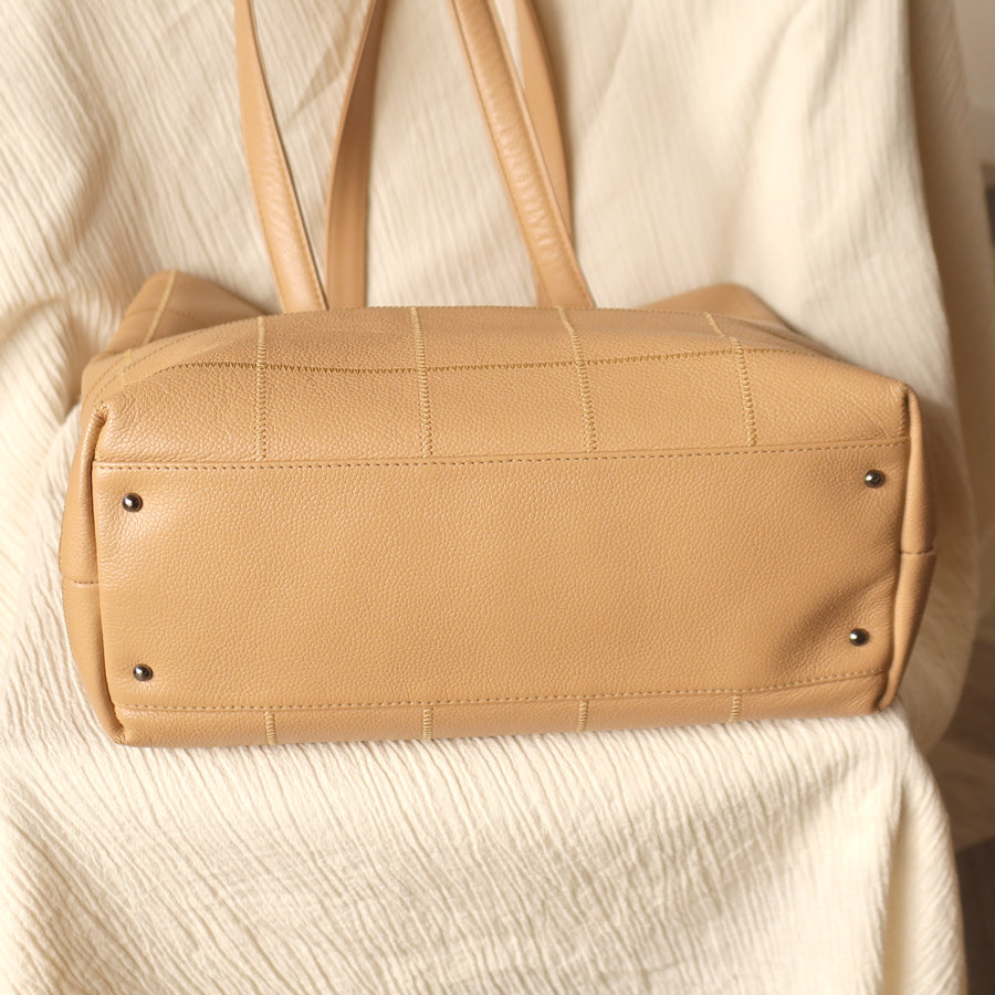 Chanel Vintage Chocolate Bar Stitching Light Pink Beige Calfskin Leather Shoulder Tote Bag