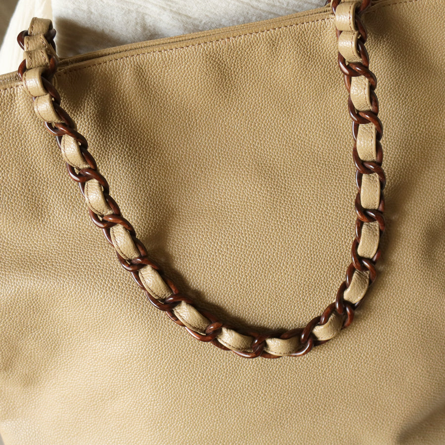 Chanel Vintage Light Beige Caviar Leather Tortoise shell Chain Shoulder Tote Bag