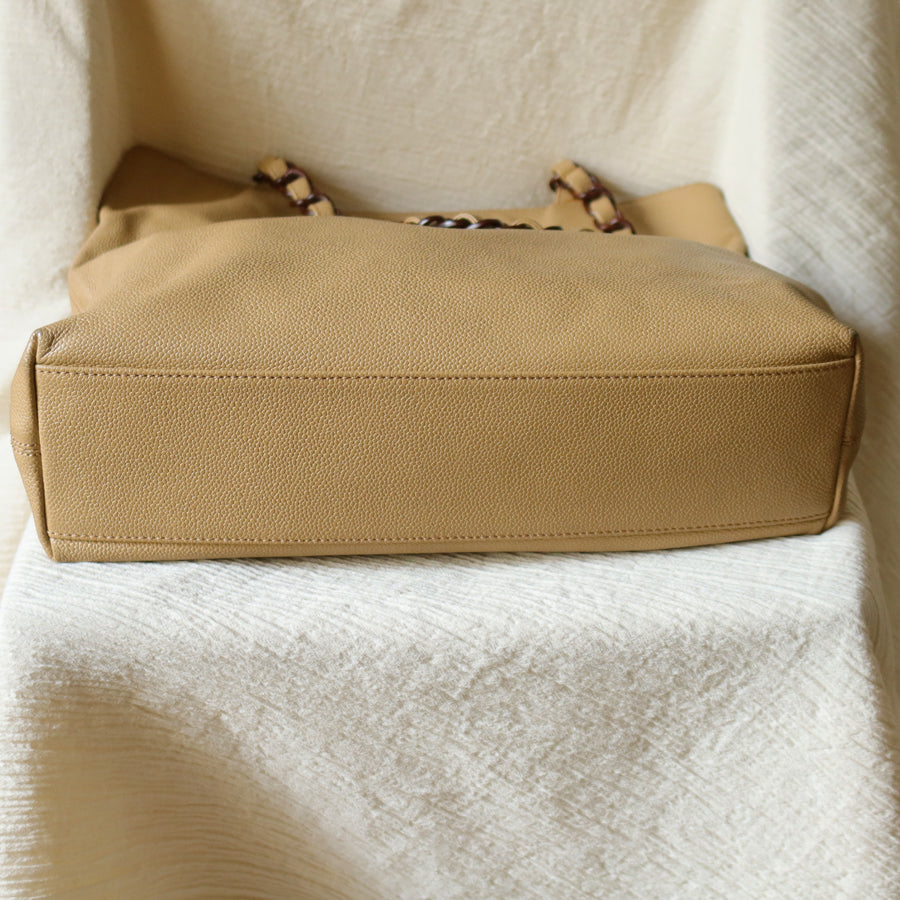Chanel Vintage Light Beige Caviar Leather Tortoise shell Chain Shoulder Tote Bag
