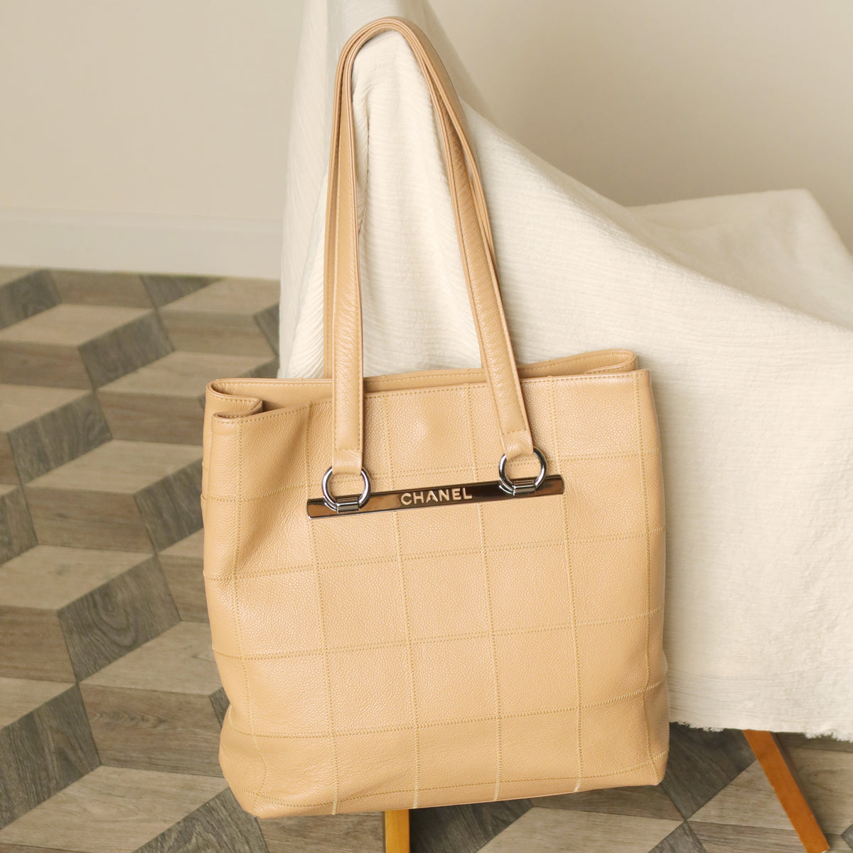 Chanel Vintage Chocolate Bar Stitching Light Pink Beige Calfskin Leather Shoulder Tote Bag