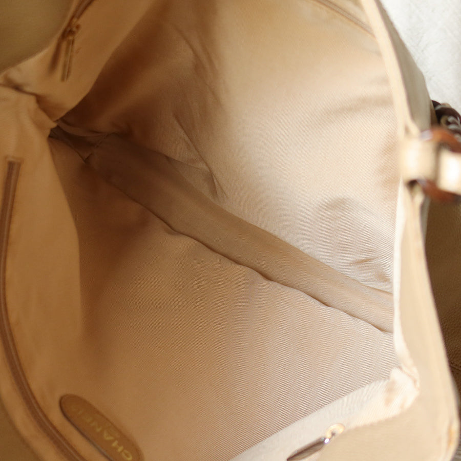 Chanel Vintage Light Beige Caviar Leather Tortoise shell Chain Shoulder Tote Bag