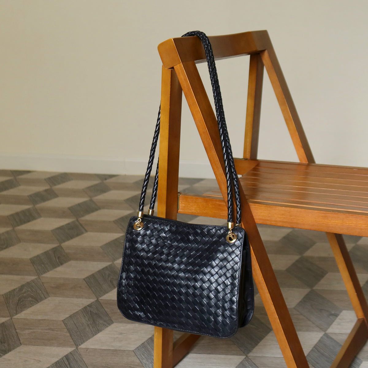 Bottega Veneta Vintage Black Leather Intrecciato Braided Strap Shoulder Bag