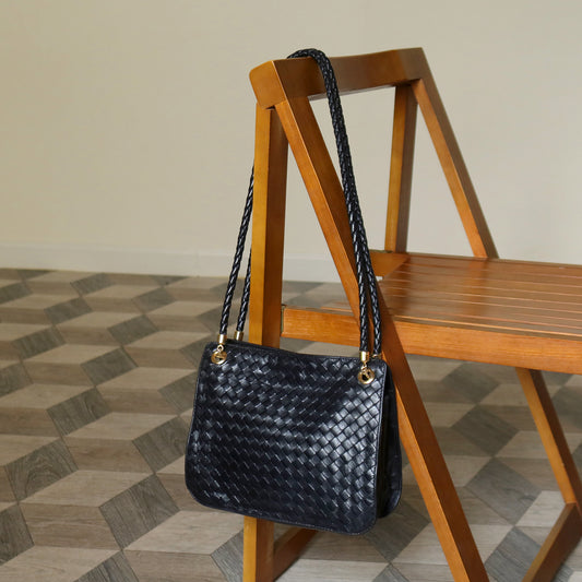 Bottega Veneta Vintage Black Leather Intrecciato Braided Strap Shoulder Bag