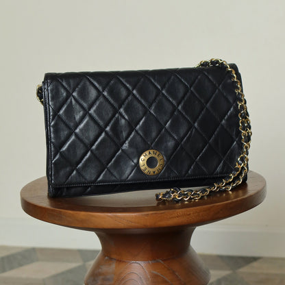 Rare Chanel Vintage Black Lambskin Diamond Quilted Logo Brooch Flap Bag