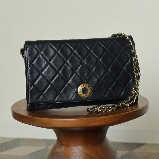 Rare Chanel Vintage Black Lambskin Diamond Quilted Logo Brooch Flap Bag
