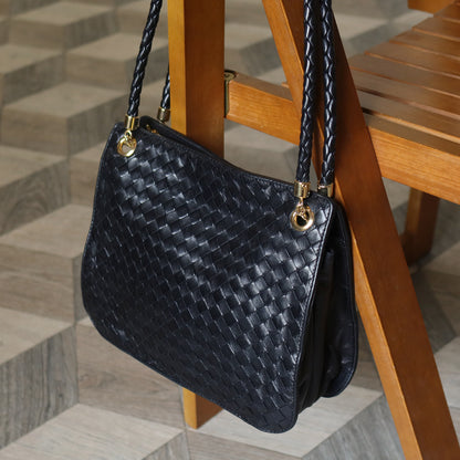 Bottega Veneta Vintage Black Leather Intrecciato Braided Strap Shoulder Bag