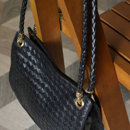Bottega Veneta Vintage Black Leather Intrecciato Braided Strap Shoulder Bag