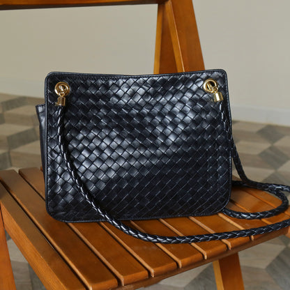 Bottega Veneta Vintage Black Leather Intrecciato Braided Strap Shoulder Bag