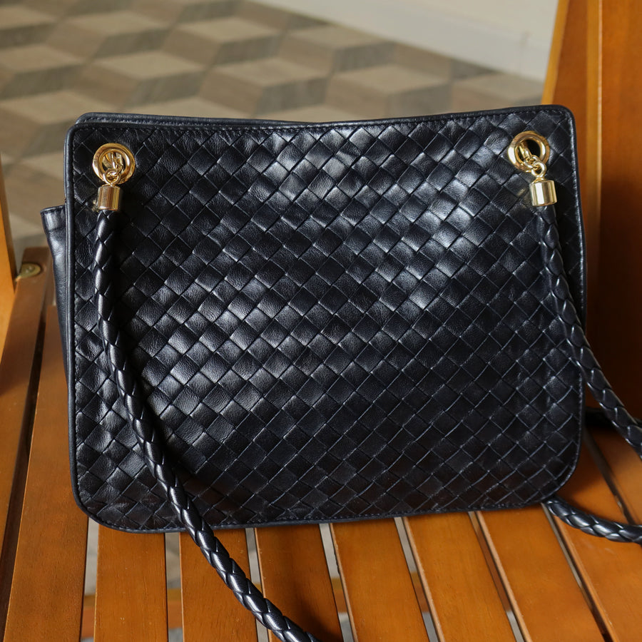 Bottega Veneta Vintage Black Leather Intrecciato Braided Strap Shoulder Bag