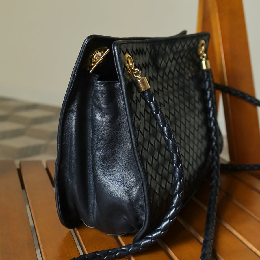 Bottega Veneta Vintage Black Leather Intrecciato Braided Strap Shoulder Bag