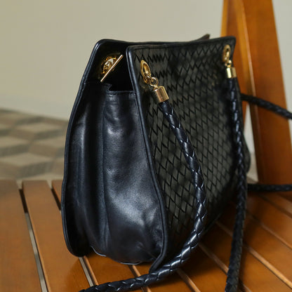 Bottega Veneta Vintage Black Leather Intrecciato Braided Strap Shoulder Bag