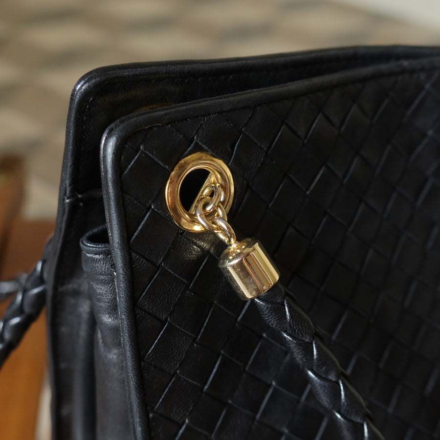 Bottega Veneta Vintage Black Leather Intrecciato Braided Strap Shoulder Bag