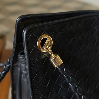 Bottega Veneta Vintage Black Leather Intrecciato Braided Strap Shoulder Bag