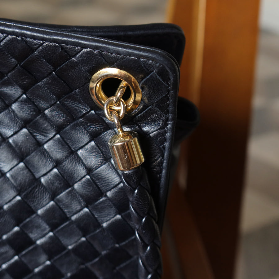 Bottega Veneta Vintage Black Leather Intrecciato Braided Strap Shoulder Bag