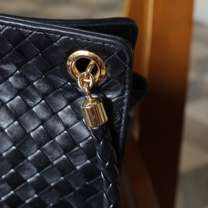 Bottega Veneta Vintage Black Leather Intrecciato Braided Strap Shoulder Bag