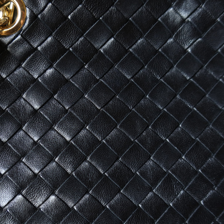 Bottega Veneta Vintage Black Leather Intrecciato Braided Strap Shoulder Bag