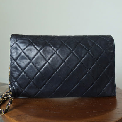 Rare Chanel Vintage Black Lambskin Diamond Quilted Logo Brooch Flap Bag