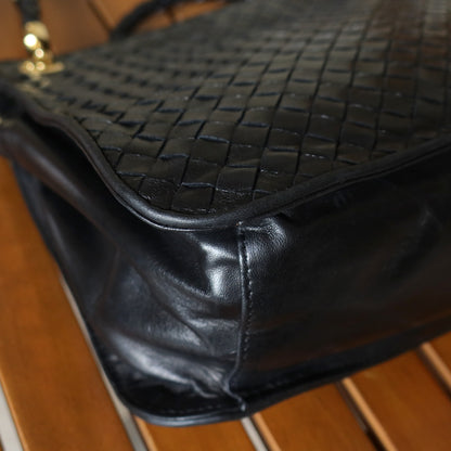 Bottega Veneta Vintage Black Leather Intrecciato Braided Strap Shoulder Bag