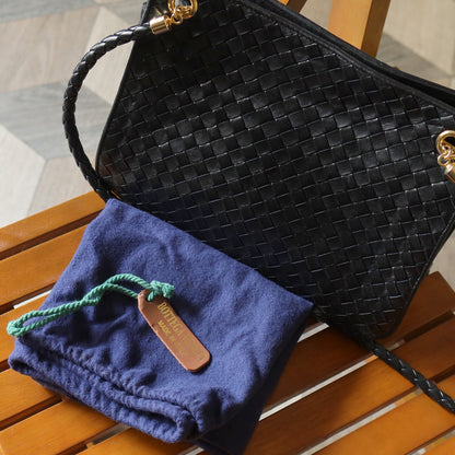 Bottega Veneta Vintage Black Leather Intrecciato Braided Strap Shoulder Bag