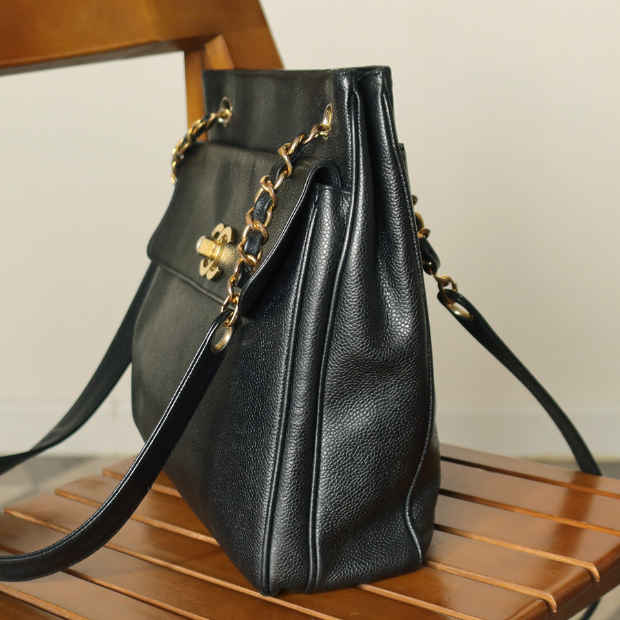 Chanel Vintage Black Caviar Leather CC Turn lock Coco mark double sided Shoulder Bag