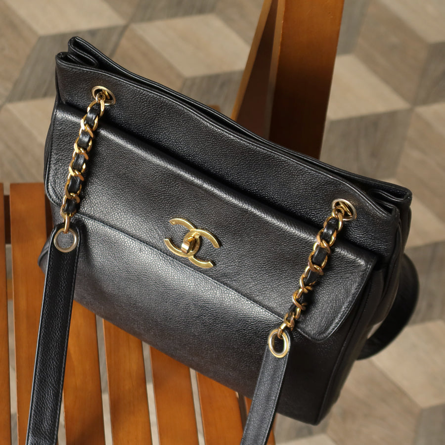 Chanel Vintage Black Caviar Leather CC Turn lock Coco mark double sided Shoulder Bag