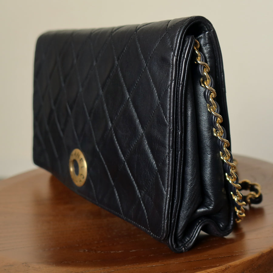Rare Chanel Vintage Black Lambskin Diamond Quilted Logo Brooch Flap Bag