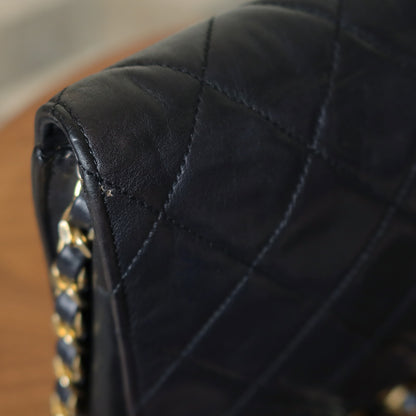 Rare Chanel Vintage Black Lambskin Diamond Quilted Logo Brooch Flap Bag