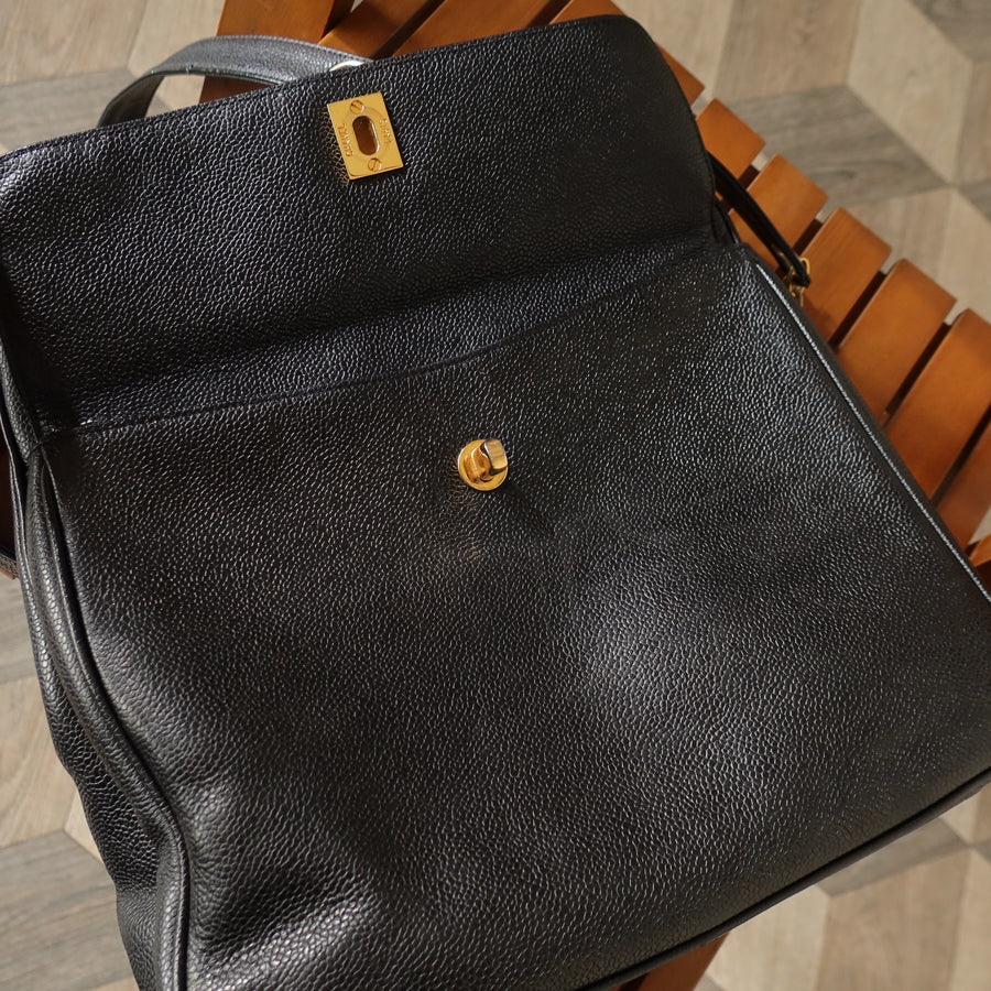 Chanel Vintage Black Caviar Leather CC Turn lock Coco mark double sided Shoulder Bag