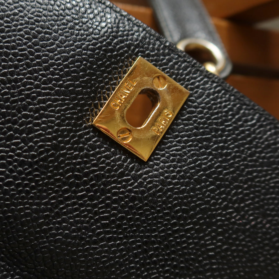 Chanel Vintage Black Caviar Leather CC Turn lock Coco mark double sided Shoulder Bag
