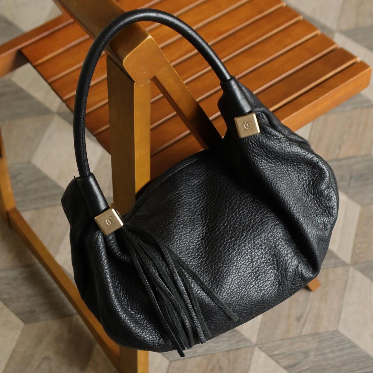 Chanel Vintage Black Calfskin CC Dice Fringe Charm 2way Hobo Bag S2