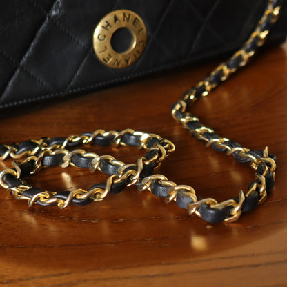 Rare Chanel Vintage Black Lambskin Diamond Quilted Logo Brooch Flap Bag