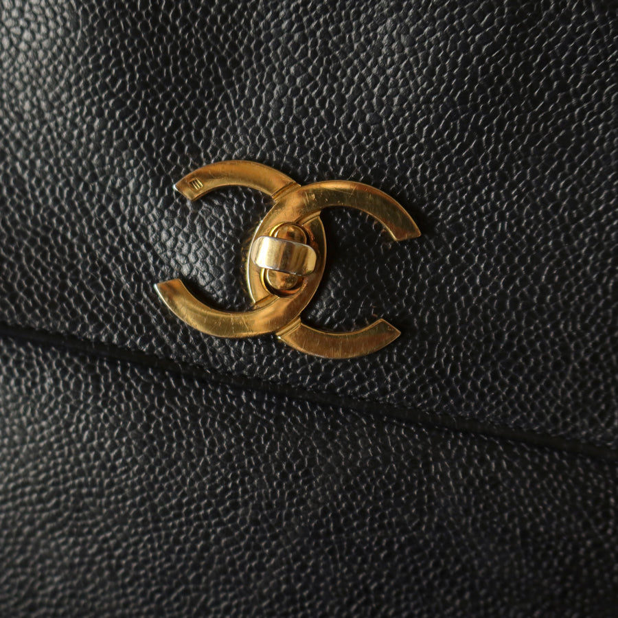 Chanel Vintage Black Caviar Leather CC Turn lock Coco mark double sided Shoulder Bag