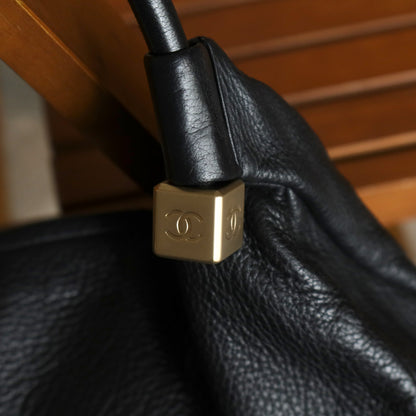 Chanel Vintage Black Calfskin CC Dice Fringe Charm 2way Hobo Bag