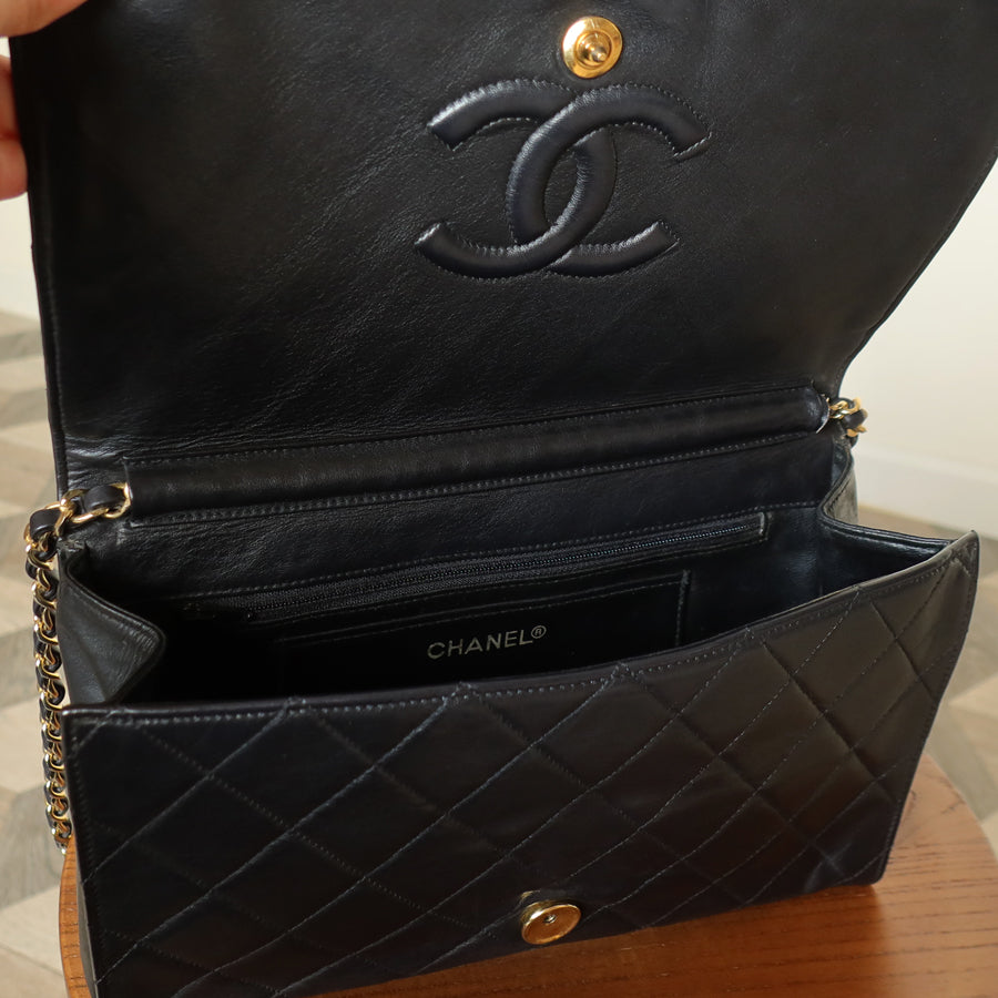 Rare Chanel Vintage Black Lambskin Diamond Quilted Logo Brooch Flap Bag