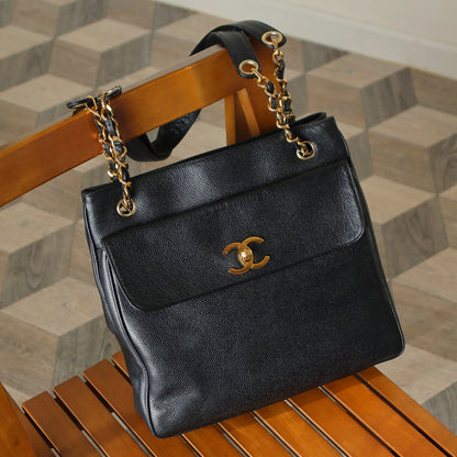 Chanel Vintage Black Caviar Leather CC Turn lock Coco mark double sided Shoulder Bag