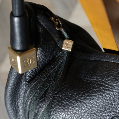 Chanel Vintage Black Calfskin CC Dice Fringe Charm 2way Hobo Bag