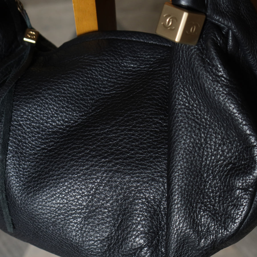 Chanel Vintage Black Calfskin CC Dice Fringe Charm 2way Hobo Bag