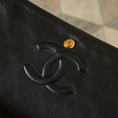Rare Chanel Vintage Black Lambskin Diamond Quilted Logo Brooch Flap Bag