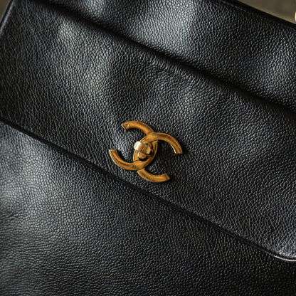 Chanel Vintage Black Caviar Leather CC Turn lock Coco mark double sided Shoulder Bag