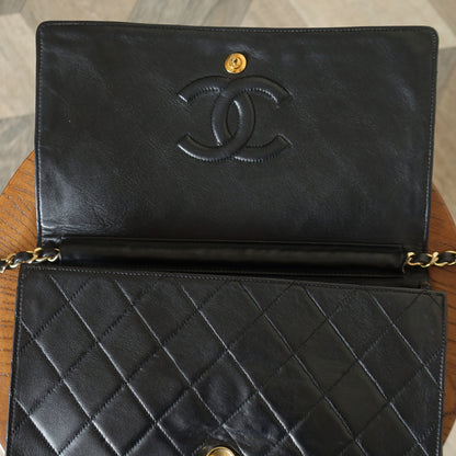 Rare Chanel Vintage Black Lambskin Diamond Quilted Logo Brooch Flap Bag