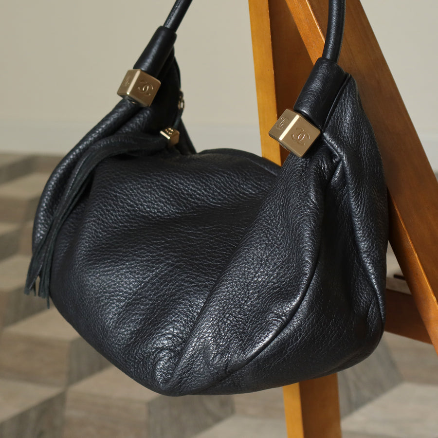 Chanel Vintage Black Calfskin CC Dice Fringe Charm 2way Hobo Bag S2