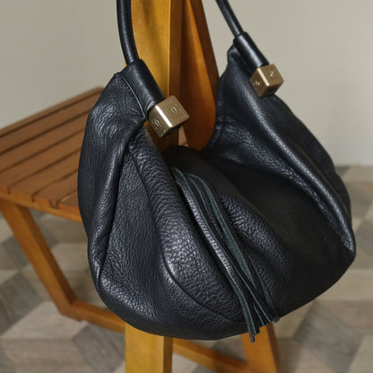 Chanel Vintage Black Calfskin CC Dice Fringe Charm 2way Hobo Bag S2