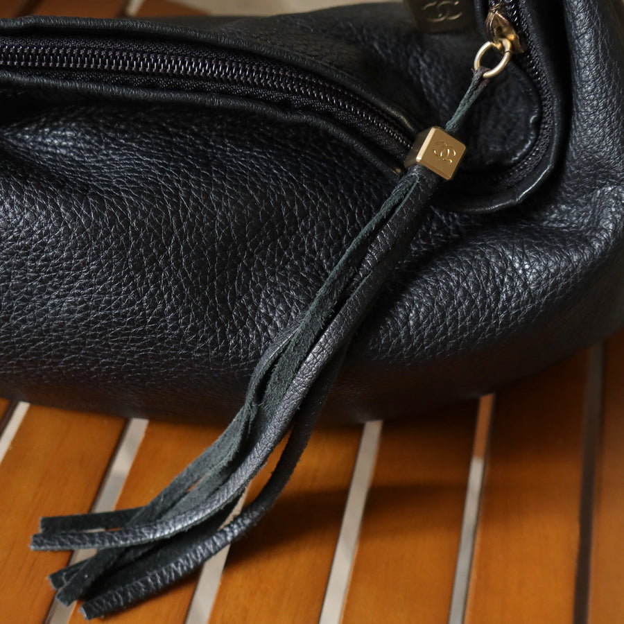 Chanel Vintage Black Calfskin CC Dice Fringe Charm 2way Hobo Bag