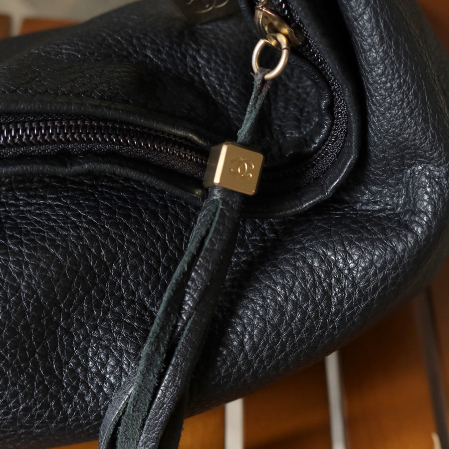 Chanel Vintage Black Calfskin CC Dice Fringe Charm 2way Hobo Bag