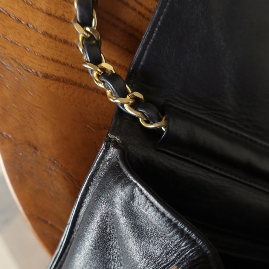 Rare Chanel Vintage Black Lambskin Diamond Quilted Logo Brooch Flap Bag