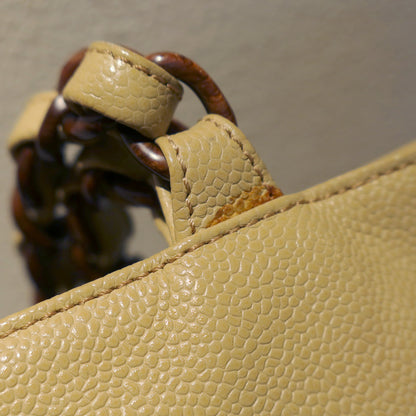 Chanel Vintage Light Beige Caviar Leather Tortoise shell Chain Shoulder Tote Bag