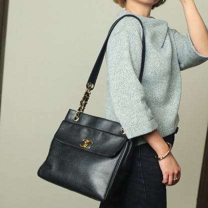 Chanel Vintage Black Caviar Leather CC Turn lock Coco mark double sided Shoulder Bag