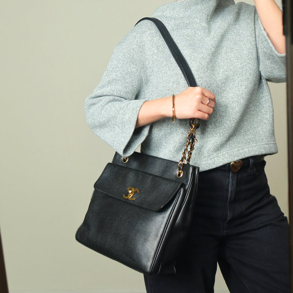 Chanel Vintage Black Caviar Leather CC Turn lock Coco mark double sided Shoulder Bag
