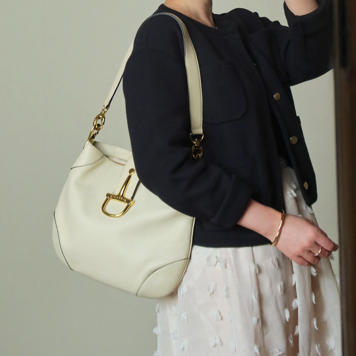 Celine Vintage Classic Creamy Warm White Gold Buckle Shoulder Flap Bag