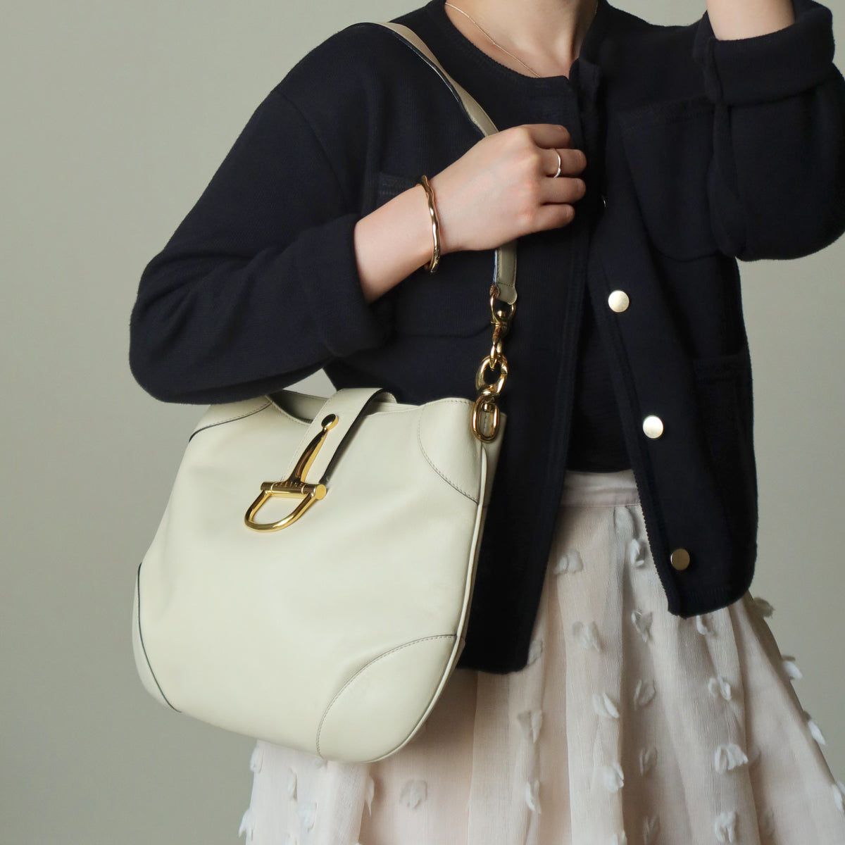 Celine Vintage Classic Creamy Warm White Gold Buckle Shoulder Flap Bag